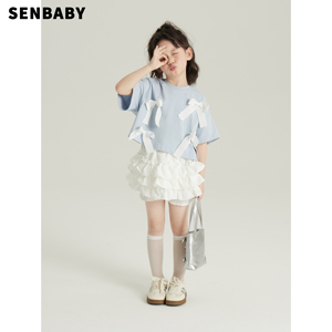 senbaby女童T恤夏装女宝宝短袖半裙套装儿童蝴蝶结上衣+蛋糕裙裤
