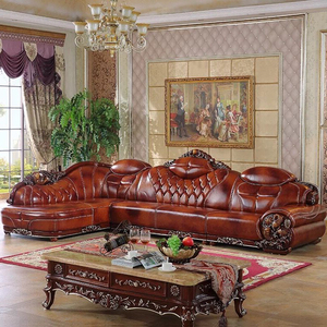欧式头层黄牛真皮沙发法式转角组合客厅家具 美式实木雕花L型沙发