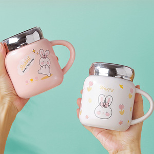 ins韩式可爱卡通兔子镜面马克杯带盖办公水杯创意咖啡牛奶陶瓷杯