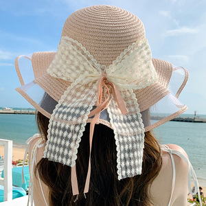 草编帽子女款夏季系带蝴蝶结波浪海边沙滩防晒太阳帽蕾丝边遮阳帽