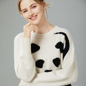 秋冬100%纯山羊绒衫女圆领加厚提花大熊猫图案毛衣慵懒宽松针织衫