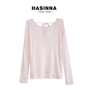 HASINNA慵懒露背绑带粉色防晒长袖T恤女薄款宽松显瘦百搭罩衫上衣