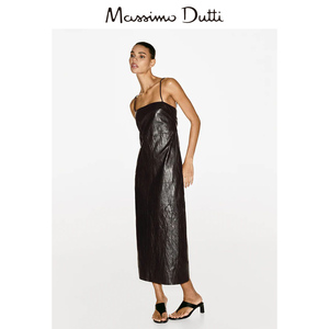 【限量系列】春夏新品MassimoDutti2024女装棕色质感真皮细吊带皮裙连衣裙 05372555700