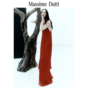 【限量系列】春夏新品MassimoDutti2024女装度假风优雅红色飘逸吊带连衣裙 06633555600