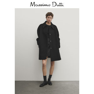 夏季新款MassimoDutti2024女装英伦留洋千金感优雅黑色翻领中长款毛呢大衣06434576800