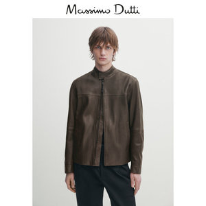 新品特惠 Massimo Dutti 男装 2024新款 机车风棕色纳帕皮革立领皮衣外套 03313273700