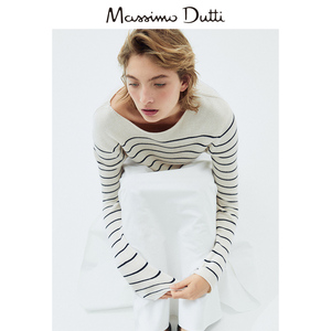 春夏新品 Massimo Dutti2024女装休闲慵懒风通勤风条纹纯棉圆领毛衣针织衫 05683665720