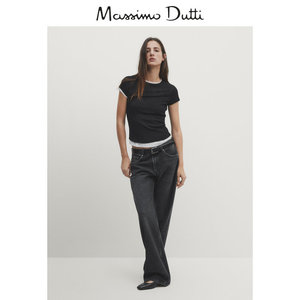 春夏新品 Massimo Dutti 2024女装简约百搭黑罗纹假两件纯棉短袖圆领T恤 06210755800