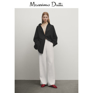 春夏新品 Massimo Dutti 2024女装法式极简通勤风优雅黑色纯棉翻领长袖衬衫05165961800