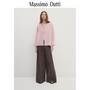 春夏新品MassimoDutti2024女装法式极简优雅通勤风粉色轻薄飘逸V领长袖衬衫05138944902