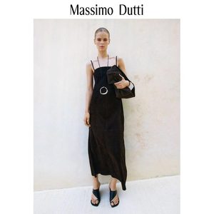 春夏新品MassimoDutti2024女装复古深棕色质感绒面真皮皮裙中长吊带连衣裙 05326766700