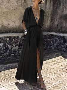 巴厘岛海滩裙度假新款欧美复古性感V领短袖连衣裙 长裙