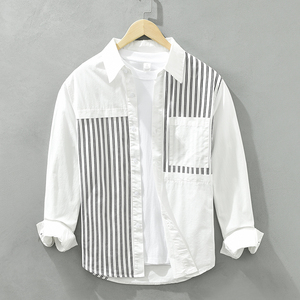 设计感衬衫男士日系拼色条纹工装外套初秋休闲时尚纯棉长袖衬衣寸