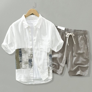 亚麻套装男夏季男士中国风拼接贴布短袖衬衫一套休闲中式抽绳短裤