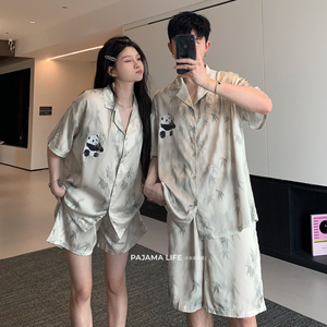 韩版可爱熊猫情侣睡衣女夏季短袖冰丝绸薄款氛围感男士家居服套装