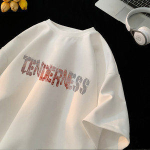 韩版短袖t恤男夏季新款字母印花5分袖纯棉300g重磅麂皮绒大码丅血