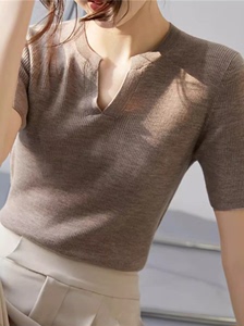 德国扬子纱超细羊毛短袖女夏季薄款V领显瘦百搭针织T恤衫半袖上