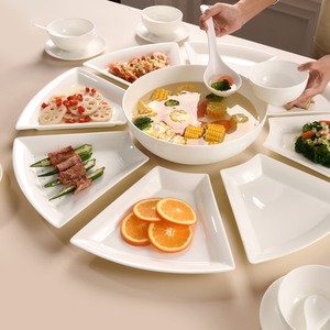 扇形团圆拼盘餐具组合过年套盘碗碟骨质瓷碟子套装纯白家用