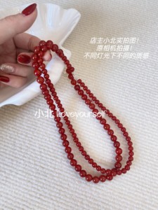 小北韩国天然红玛瑙纯银项链7a级串珠红色毛衣链复古高级感百搭女