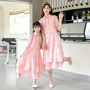 女童连衣裙套装母女装韩版儿童盘扣短袖衬衫网红吊带裙古风两件套