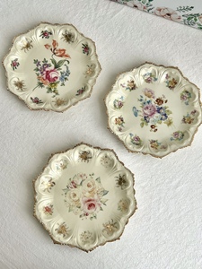 宫廷风复古欧式洛可可八角描金盘 出口老货米色花卉陶瓷菜盘