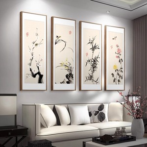 新中式客厅画背景墙装饰画四联条屏梅兰竹菊挂画沙发墙画茶室壁画
