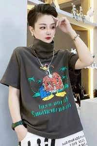 气质大码2022秋季新款街头个性卡通印花韩版短袖高领t恤打底衫女