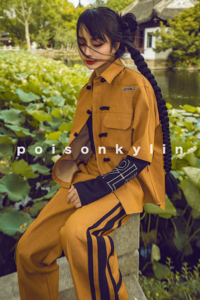 POISONKYLIN刺绣花新中式拼接休闲牛仔宽松套装潮流国风衬衫长裤