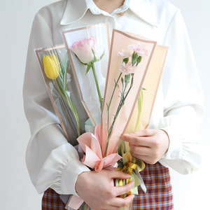 七夕节单支花束包装袋玫瑰花康乃馨透明金边套袋单枝包花一朵花袋