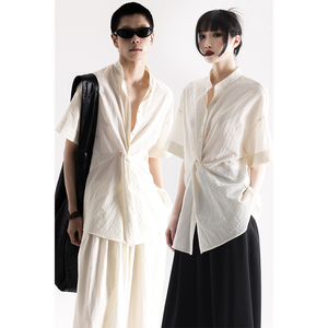 APOZi collection无题山水系列新中式扭结衬衫男女款白色夏季上衣