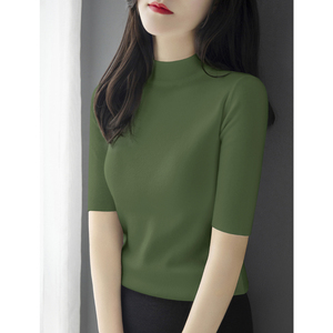 夏季新款高级绿色半高领短袖打底上衣t恤女装修身中袖正肩针织衫
