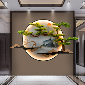 新中式沙发客厅背景墙装饰画圆形带灯立体迎客松走廊茶室玄关壁画