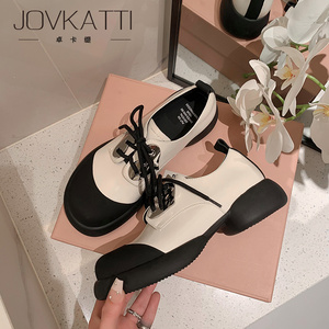 JOVKATTI粗跟厚底小皮鞋2023新款夏季中跟真皮哑光系带拼色单鞋女