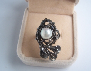 日本匠工手工古董有机宝石海水珍珠男女老银环戒指 设计花枝艺术