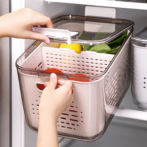 冰箱沥水保鲜盒水果蔬菜镂空漏盆带卡扣透明食物分隔型沥水收纳篮