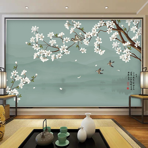 现代中式8d玉兰花电视背景墙壁画简约花鸟图壁布客厅玉堂富贵壁纸