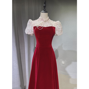 敬酒服新娘平时可穿春夏结婚回门红色礼服裙订婚旗袍新中式女丝绒