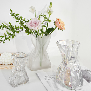 网红设计感折纸玻璃花瓶透明水养鲜花摆件ins 客厅桌面工艺品小众