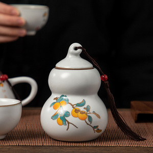 葫芦茶叶罐陶瓷茶罐汝窑月白色开片可养葫芦形茶仓汝瓷茶叶包装盒