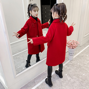 女童毛呢外套儿童呢子大衣冬装中长款红色2023新款女大童洋气年服