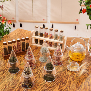 新中式茶叶展示区茶叶罐茶馆茶器闻香锥茶叶分类瓶储物罐玻璃锥子