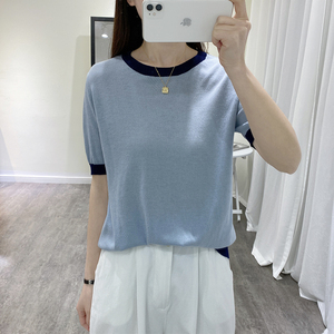 韩版冰麻短袖T恤女式夏季新款撞色洋气减龄宽松显瘦百搭针织上衣