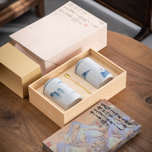 叁七国风手绘观山陶瓷茶叶罐家用高档密封罐双罐绿茶包装礼盒装