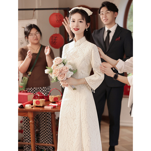 白色旗袍新中式订婚礼服裙女平时可穿2024新款小个子领证登记日常
