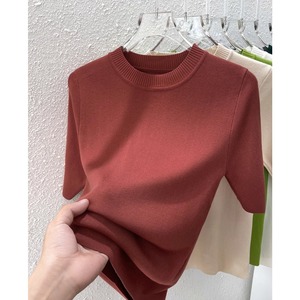 砖红色T恤女春季2024新款圆领套头显瘦气质修身内搭中袖针织上衣
