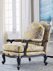 美式实木布艺老虎椅法式客厅卧室休闲单人沙发花布沙发椅脚蹬组合