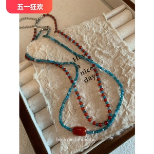 蓝色天然磷灰石A级红玛瑙串珠项链小众设计复古国风叠戴锁骨链女