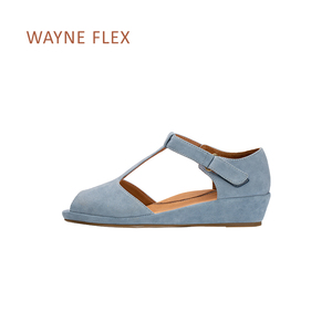 WAYNE FLEX夏季新款鹿皮鱼嘴露趾T型绑带轻便舒适坡跟包跟凉鞋女