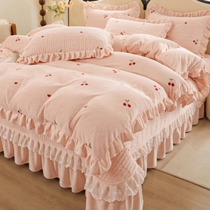 粉色牛奶绒四件套冬季夹棉床盖款双面法兰珊瑚绒被套榻榻米床单盖