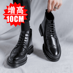 马丁靴男款英伦风真皮鞋尖头工装靴隐形内增高12cm高帮10布洛克8